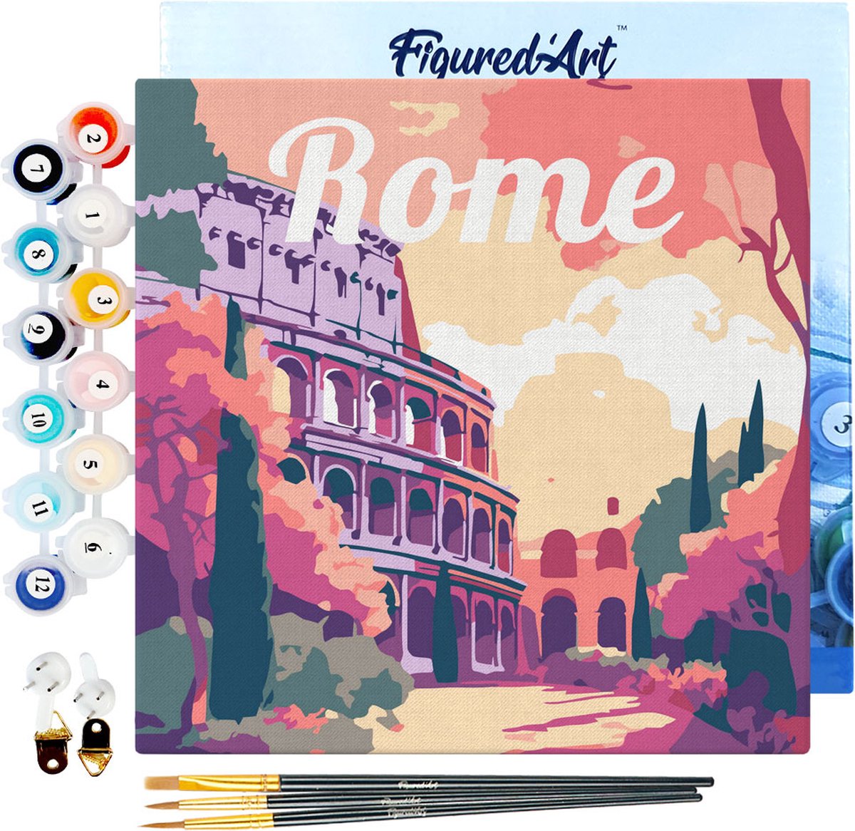 FiguredArt Mini Schilderen op Nummer Volwassenen 20x20cm met lijst Reisposter Rome - Klein Formaat Creatieve Hobby Kit DIY Art Nummer Compleet